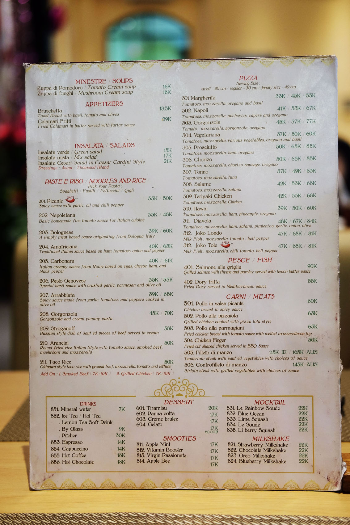 Daftar Menu Italian Restaurant Casa Bocca Surabaya